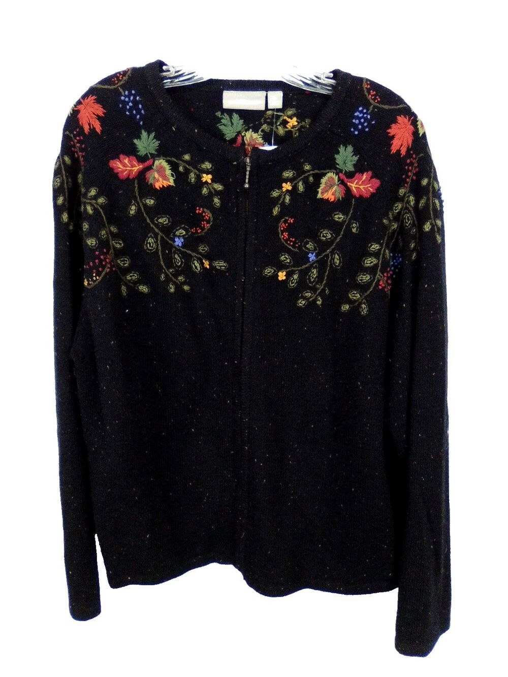 Croft & Barrow Women's Fall Embroidery Black Long Sleeve Grandma Knit Sweater L